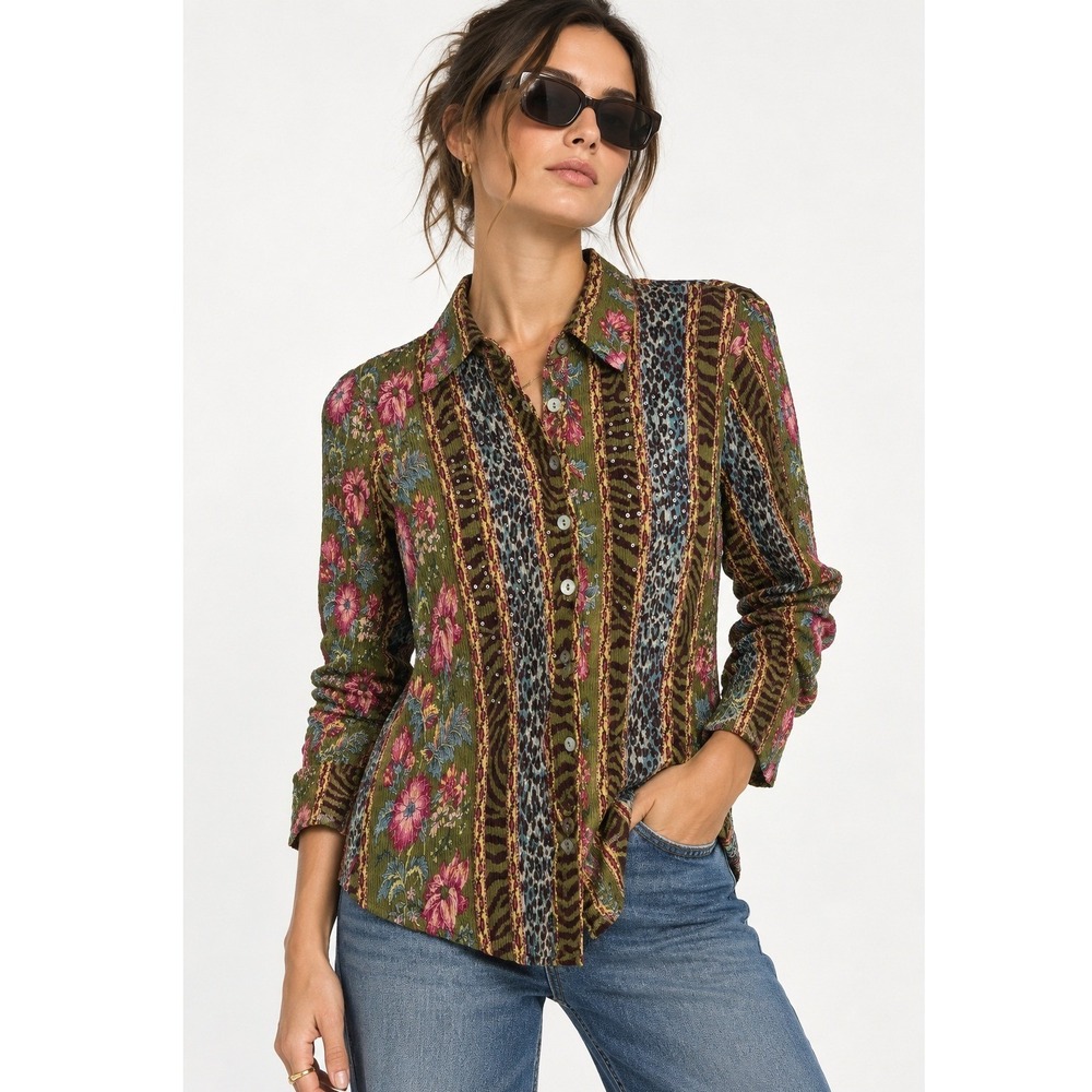 Alberto Makali Sequin Blouse Floral Animal Print Mixed Print Medium Vintage
